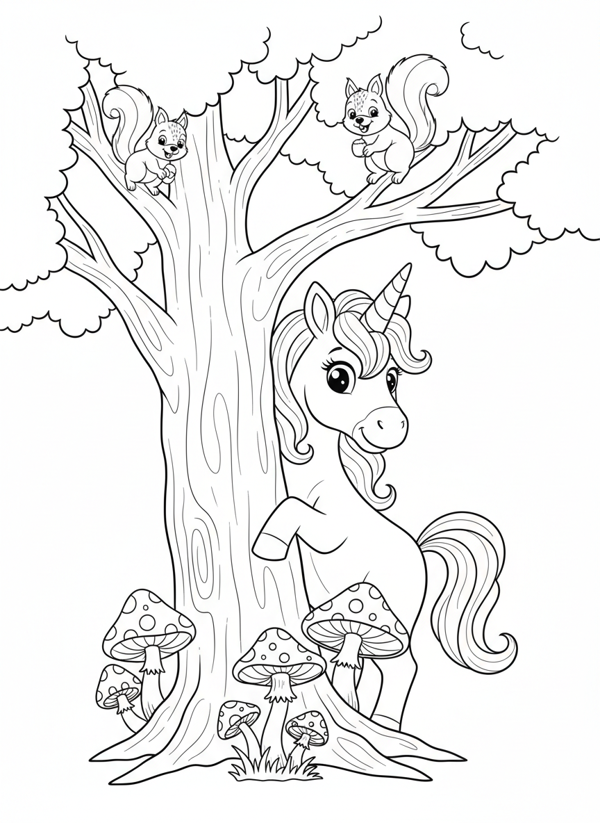 Friendly Forest Unicorn Coloring Page for Kids