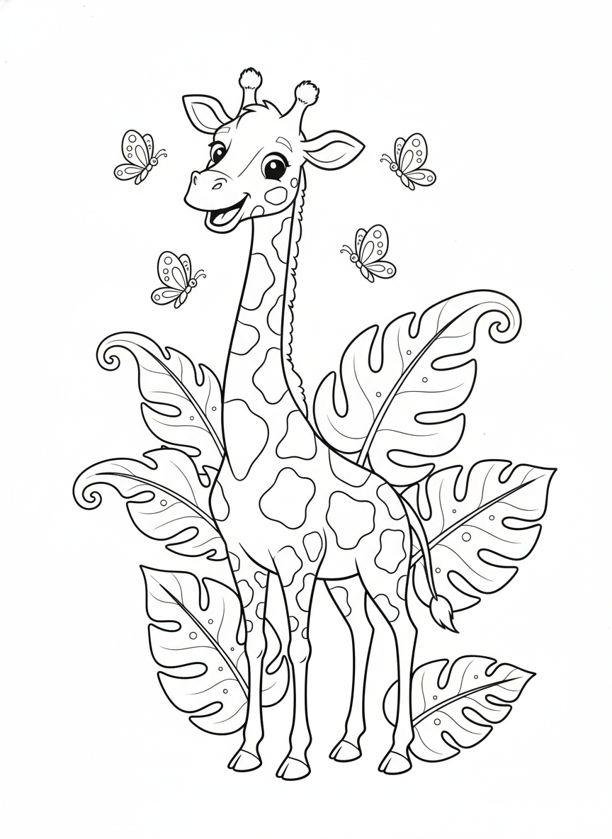 Friendly Giraffe & Butterflies in Whimsical Jungle Coloring Page