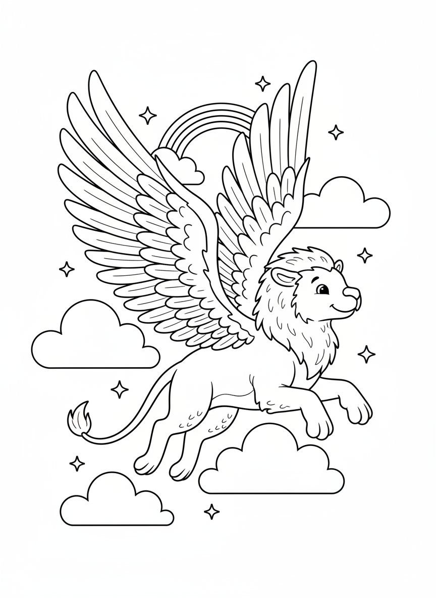 友善獅鷲翱翔彩虹雲端