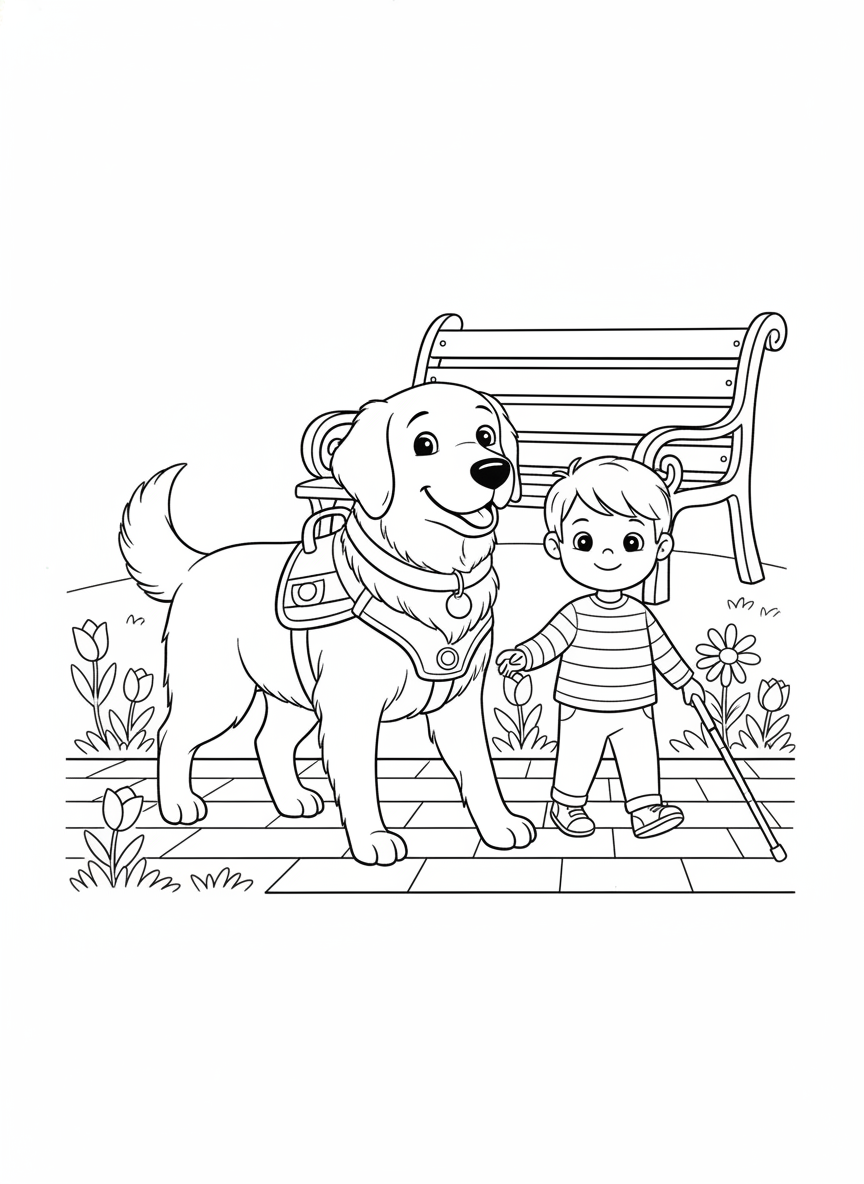 Friendly Guide Dog & Child Walk - Kids Coloring Page