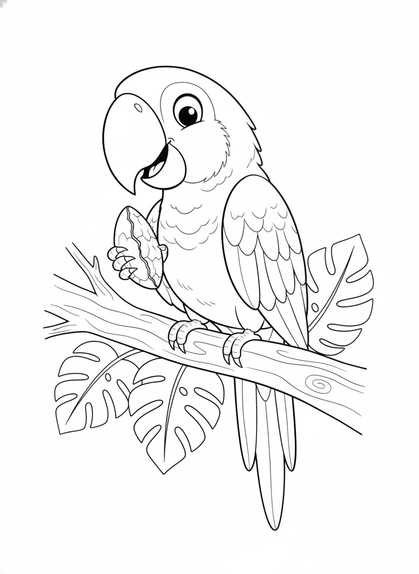 Friendly Hyacinth Macaw Cracking a Nut Coloring Page for Kids