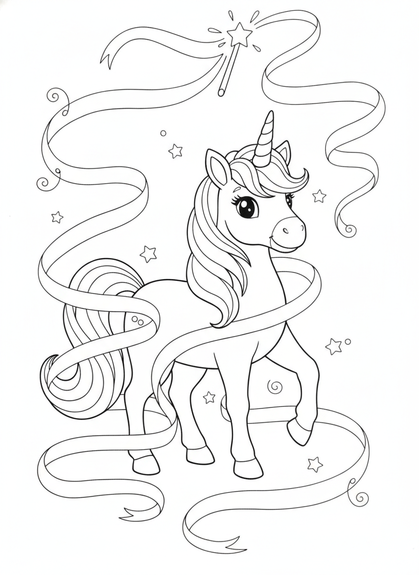 Friendly Majestic Unicorn Coloring Page with Magic Wand and Swirling Ribbons for Kids