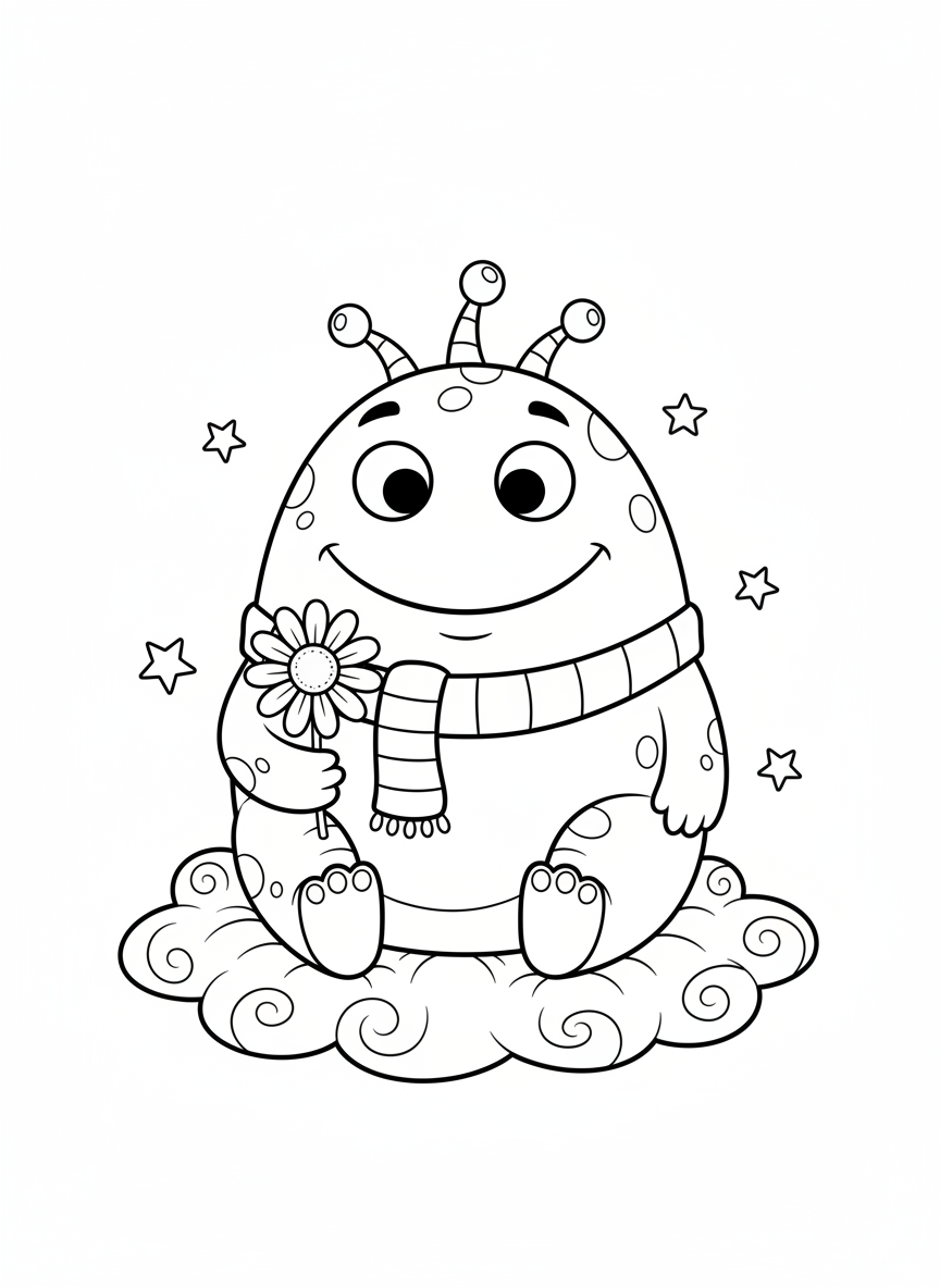 Friendly Monster on Cloud Coloring Page