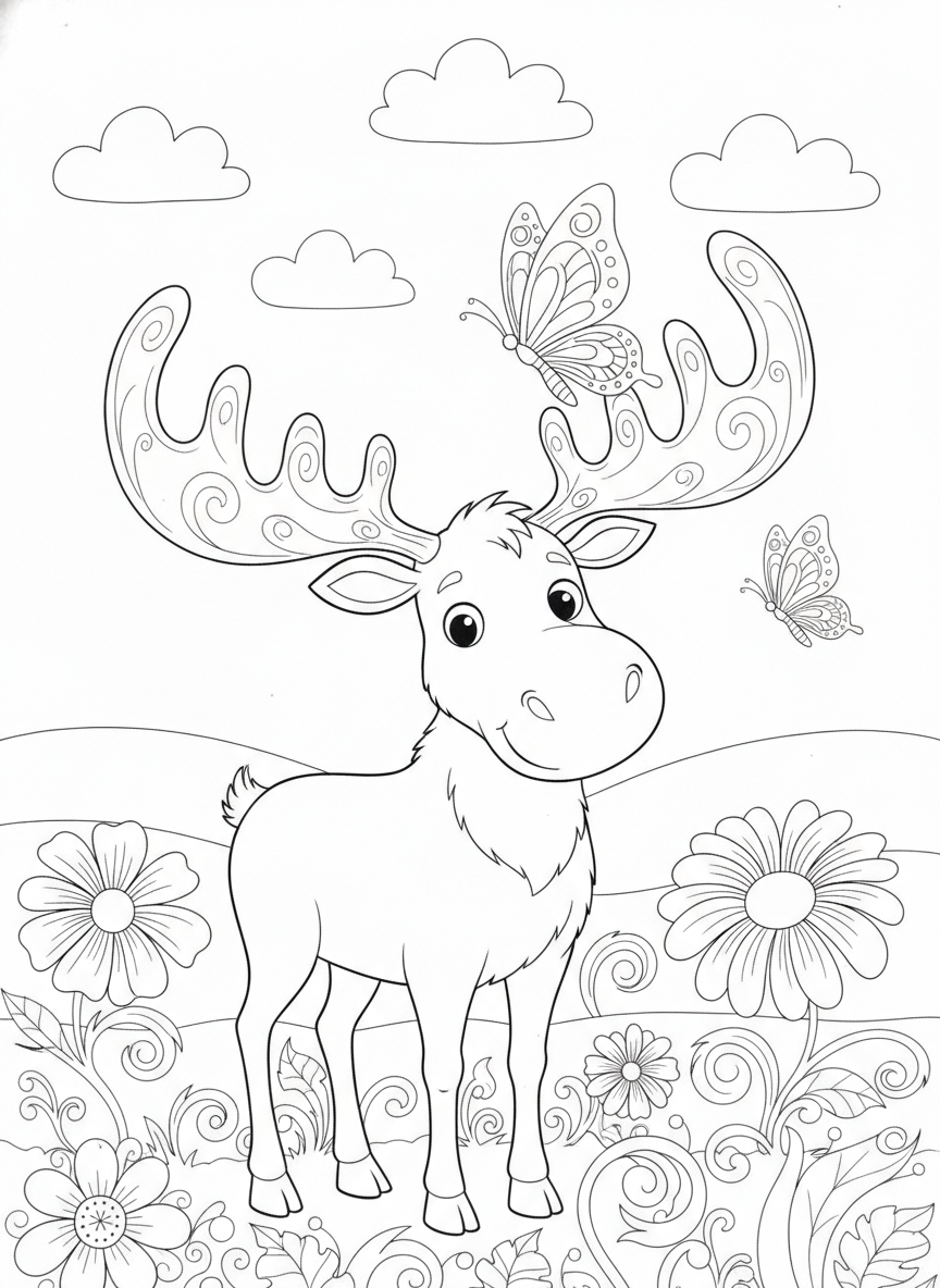 Friendly Moose and Butterflies Coloring Page for Kids