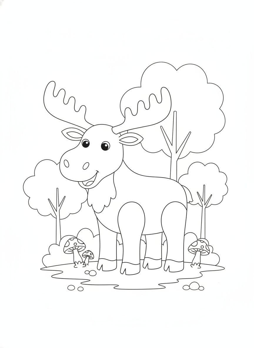 Friendly Moose in Sunny Forest Clearing Coloring Page for Kids