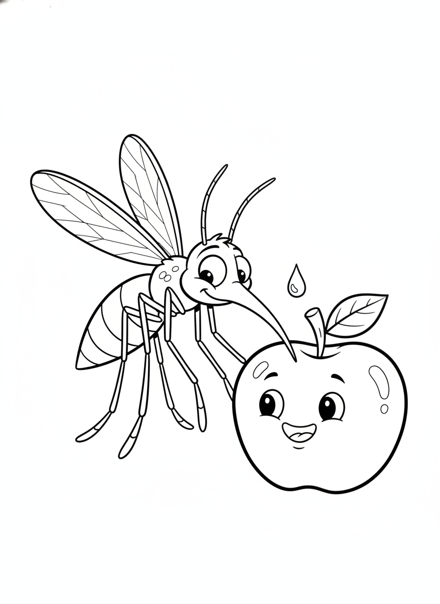 Friendly Mosquito & Smiling Apple Coloring Page