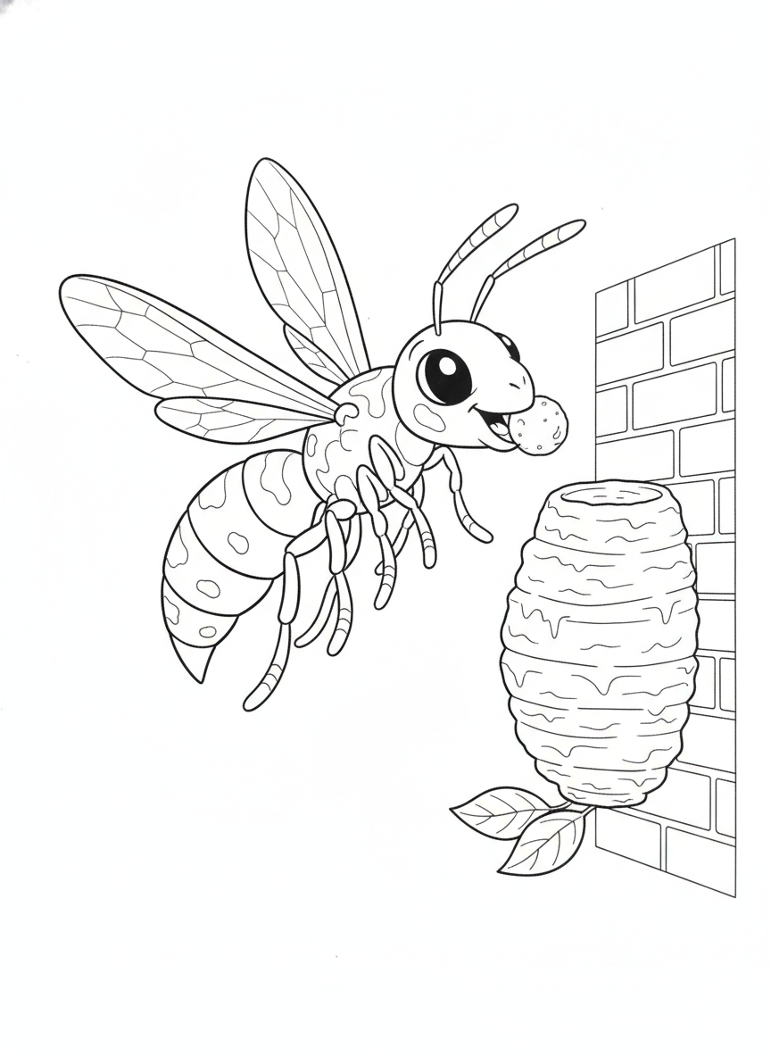 Friendly Mud Dauber Wasp Building Nest Coloring Page for Kids