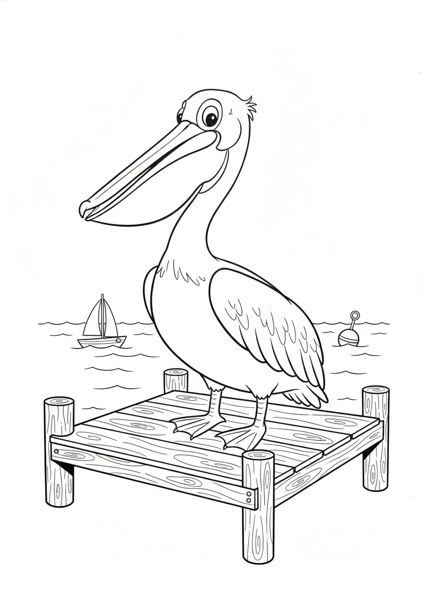 Friendly Pelican on a Dock: A Fun Coloring Page for Kids