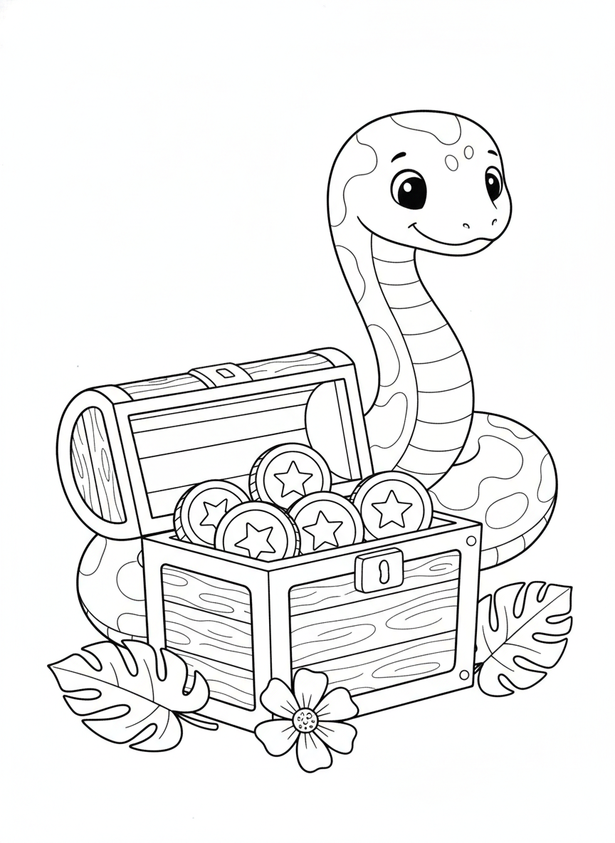 Friendly Python and Treasure Chest Coloring Page for Kids