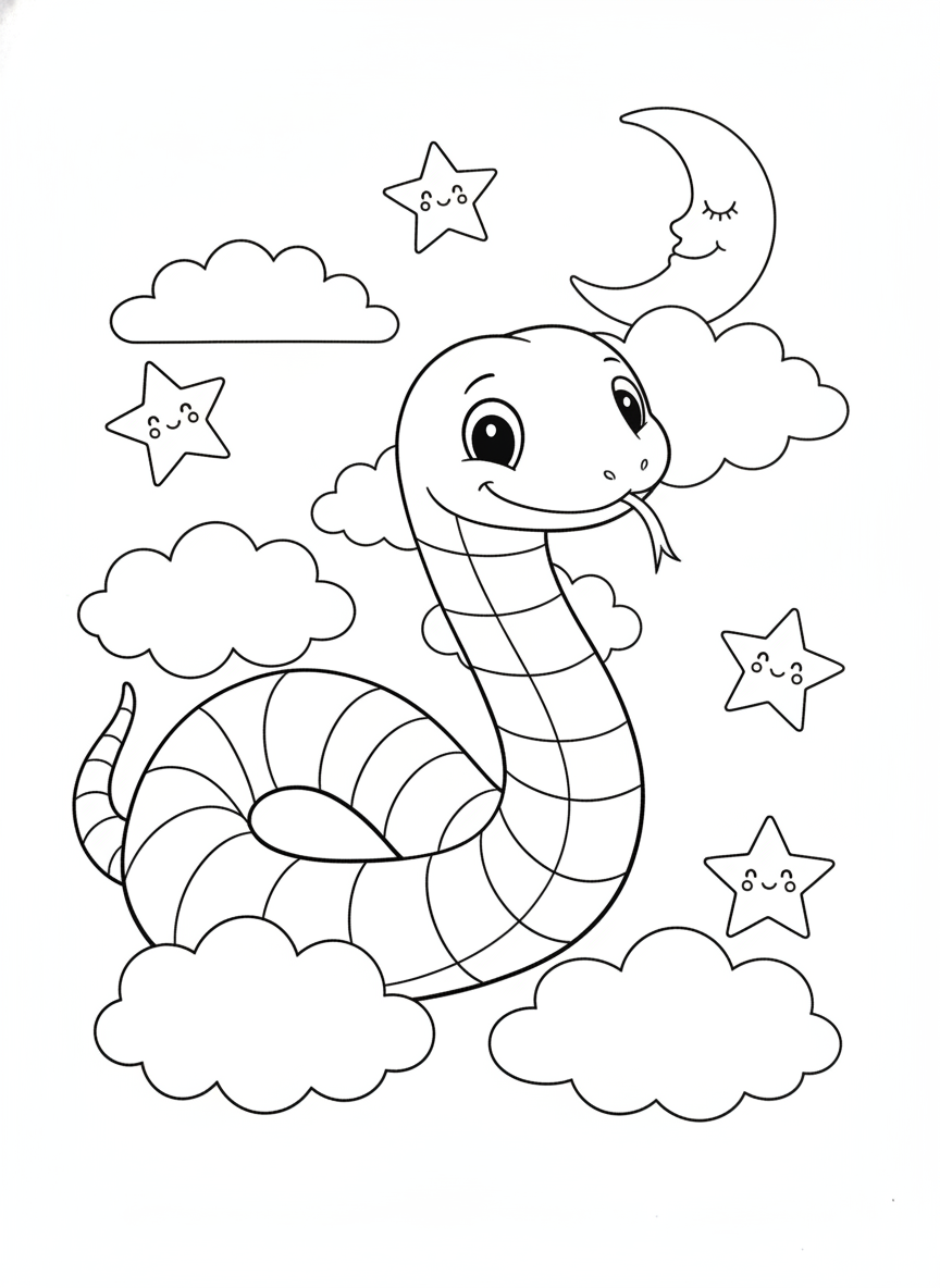 Friendly Rainbow Snake in a Whimsical Cloudscape Coloring Page