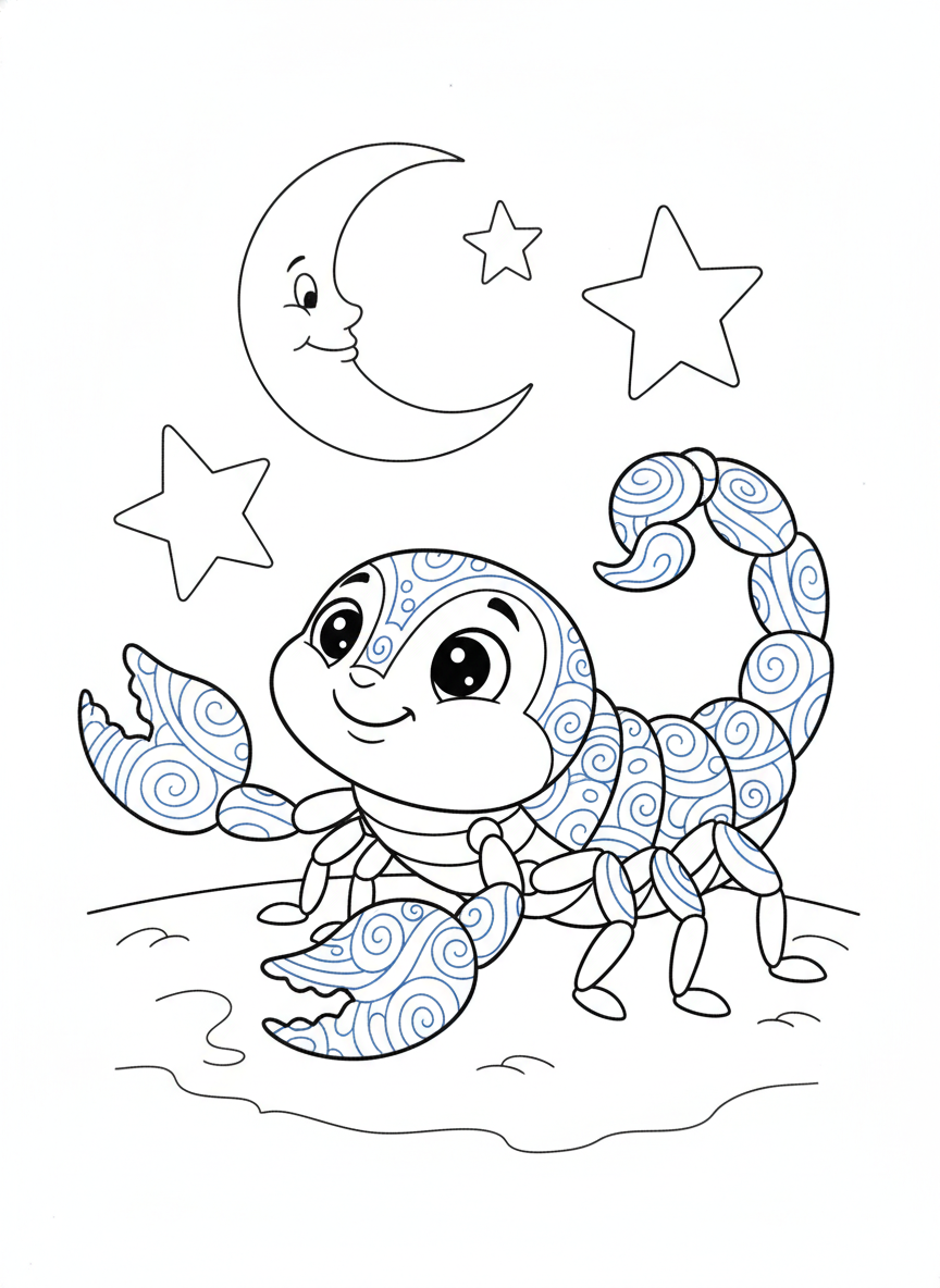 Friendly Scorpion Under the Stars Coloring Page for Kids