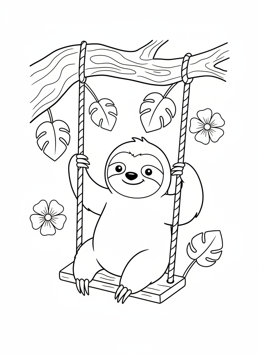 Friendly Sloth on a Rope Swing Coloring Page for Kids