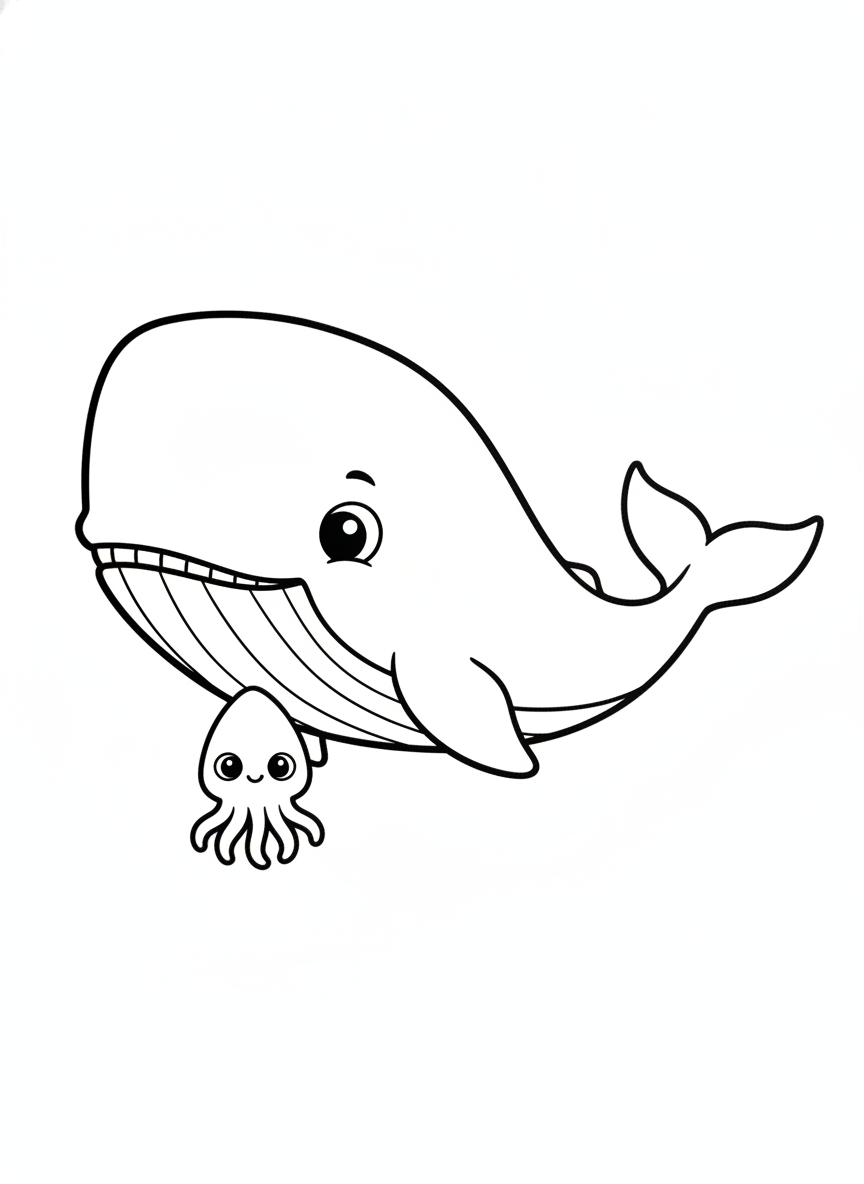 Friendly Sperm Whale and Cheerful Squid Coloring Page for Kids
