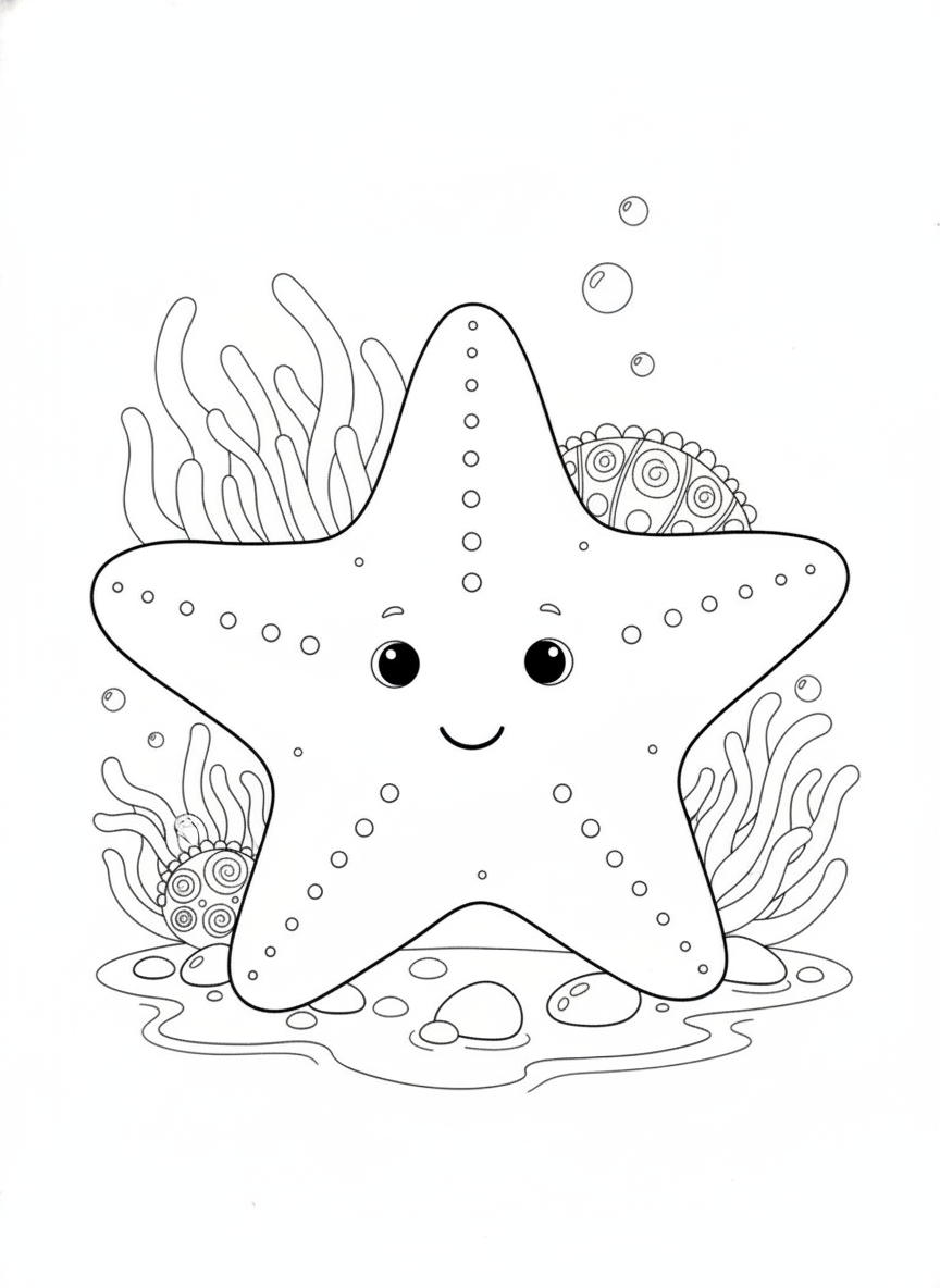 Friendly Starfish in Tide Pool Coloring Page for Kids