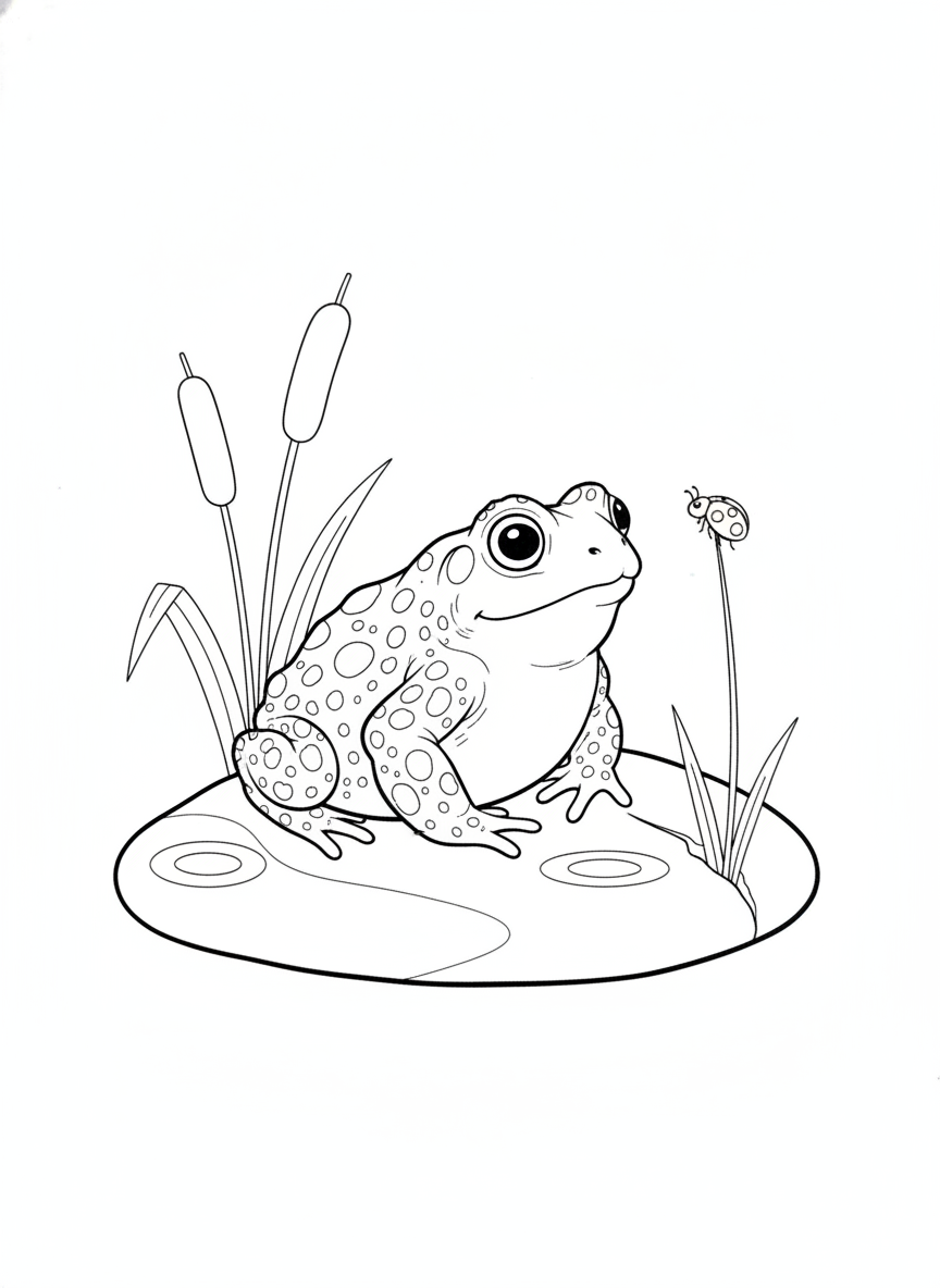 Friendly Toad and Ladybug on a River Stone Coloring Page for Kids