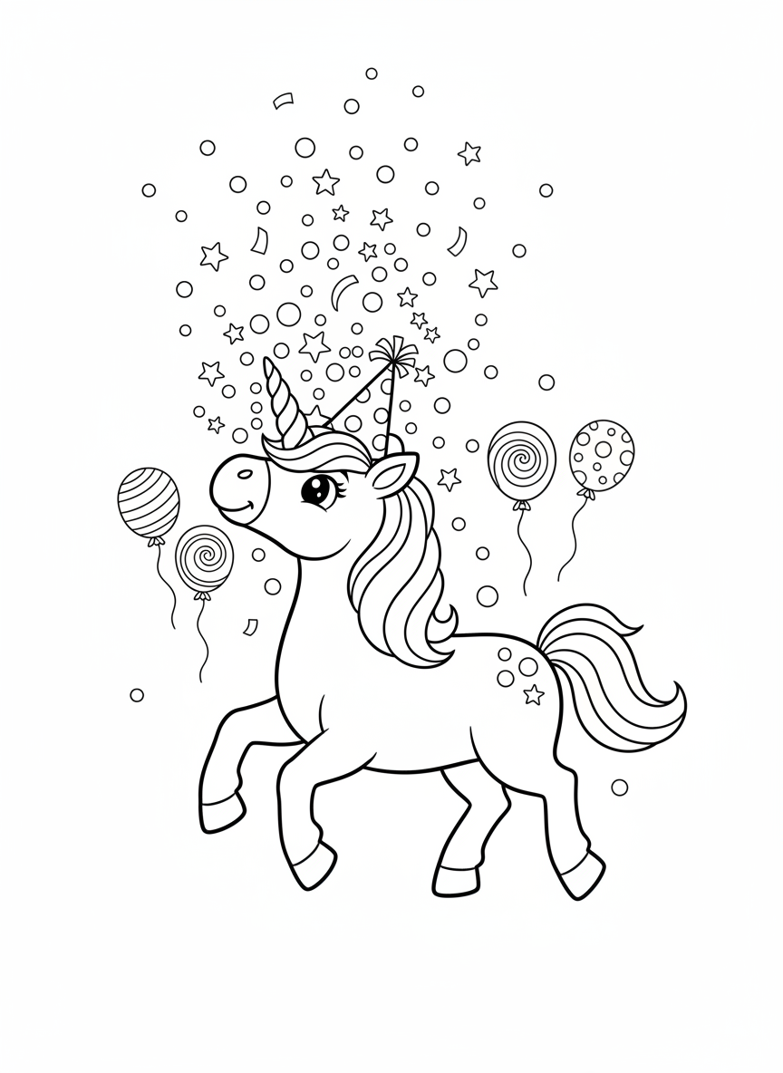 Friendly Unicorn Party Fun Coloring Page