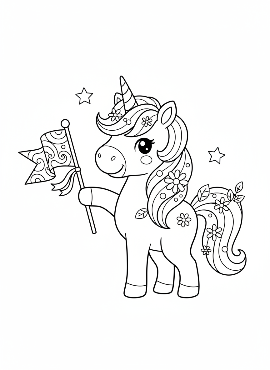 Friendly Unicorn with Swirling Flag Coloring Page
