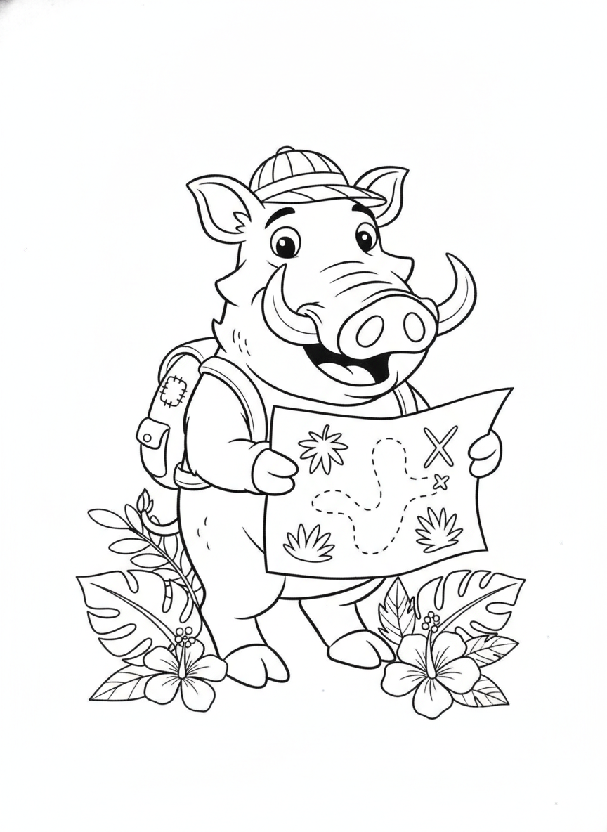 Friendly Warthog Explorer: A Jungle Treasure Hunt Coloring Page