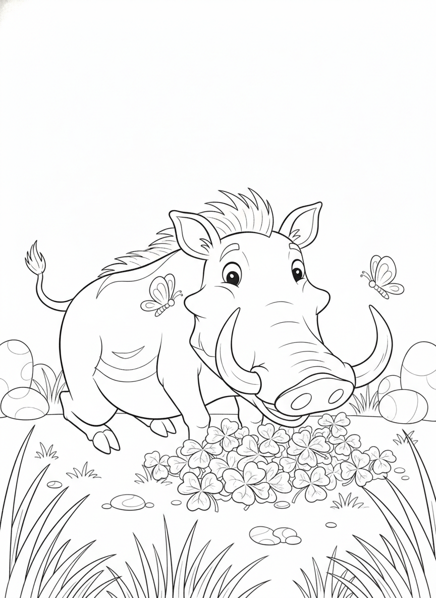 Friendly Warthog Grazing on Clover with Butterflies Coloring Page