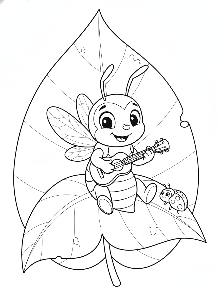 Friendly Wasp Ukulele Player & Ladybug Coloring Page for Kids