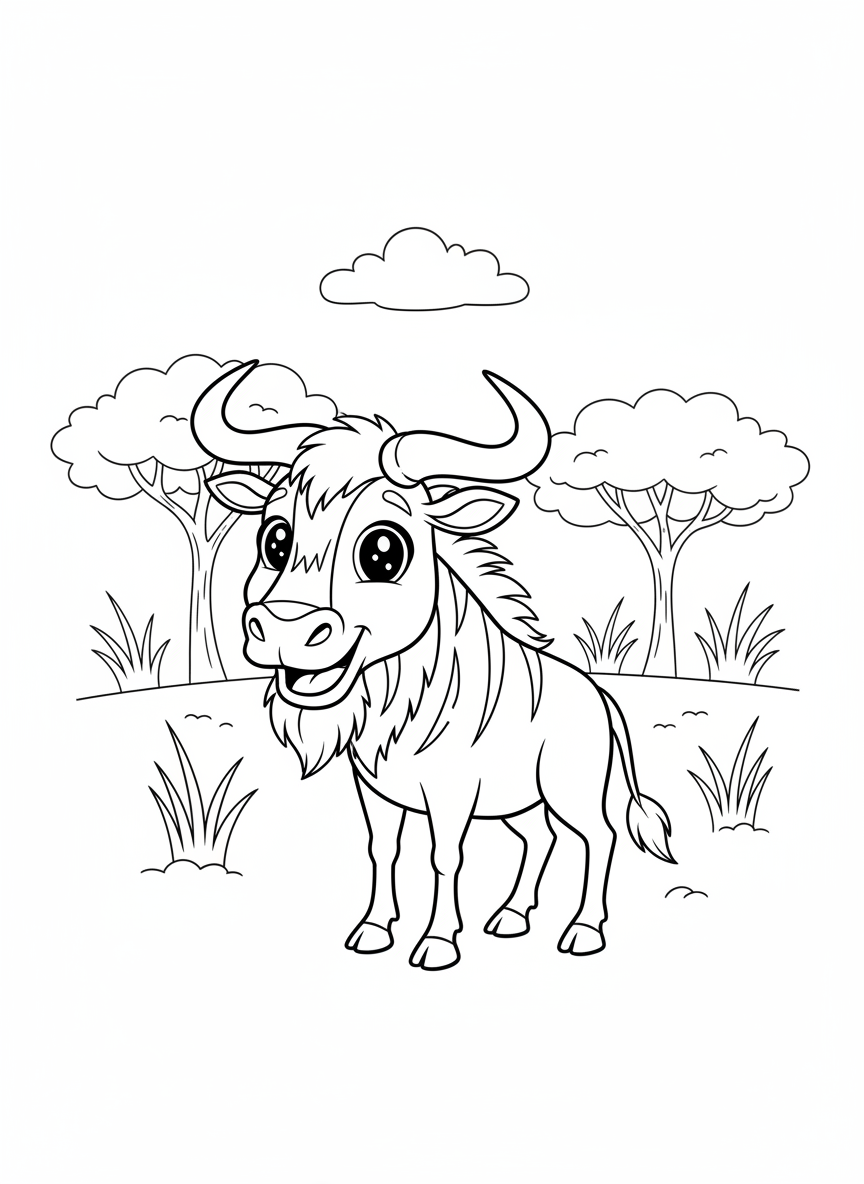 Friendly Wildebeest in Savannah Coloring Page