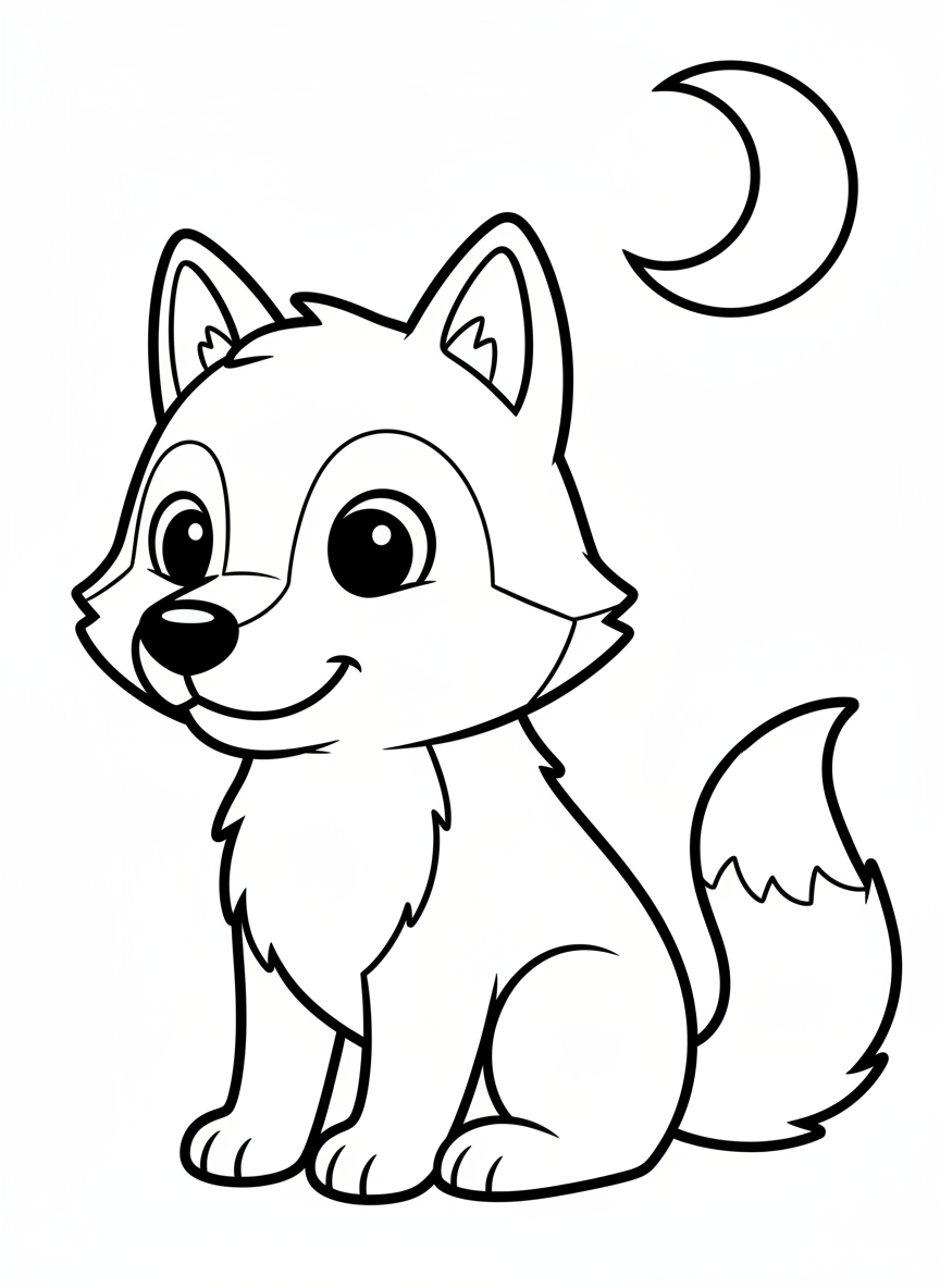 Friendly Wolf & Moon Coloring Page for Kids