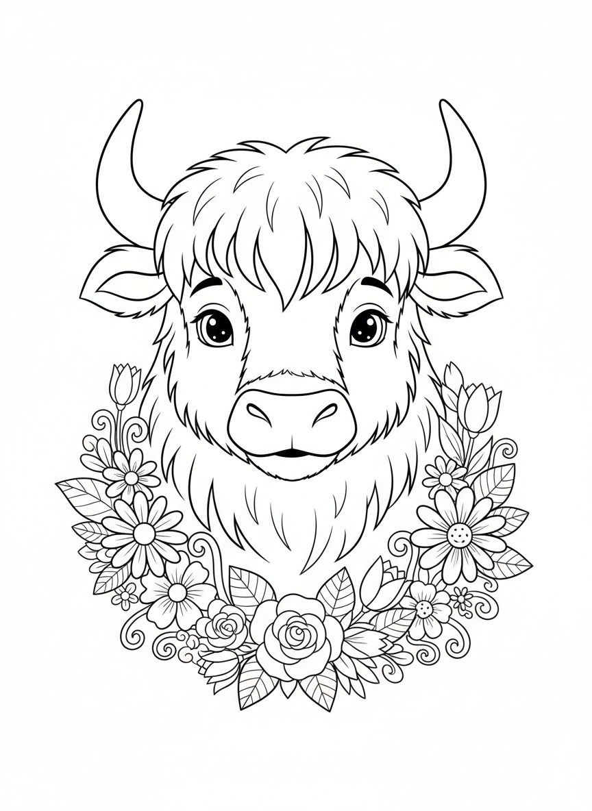 Friendly Yak with Floral Wreath Coloring Page