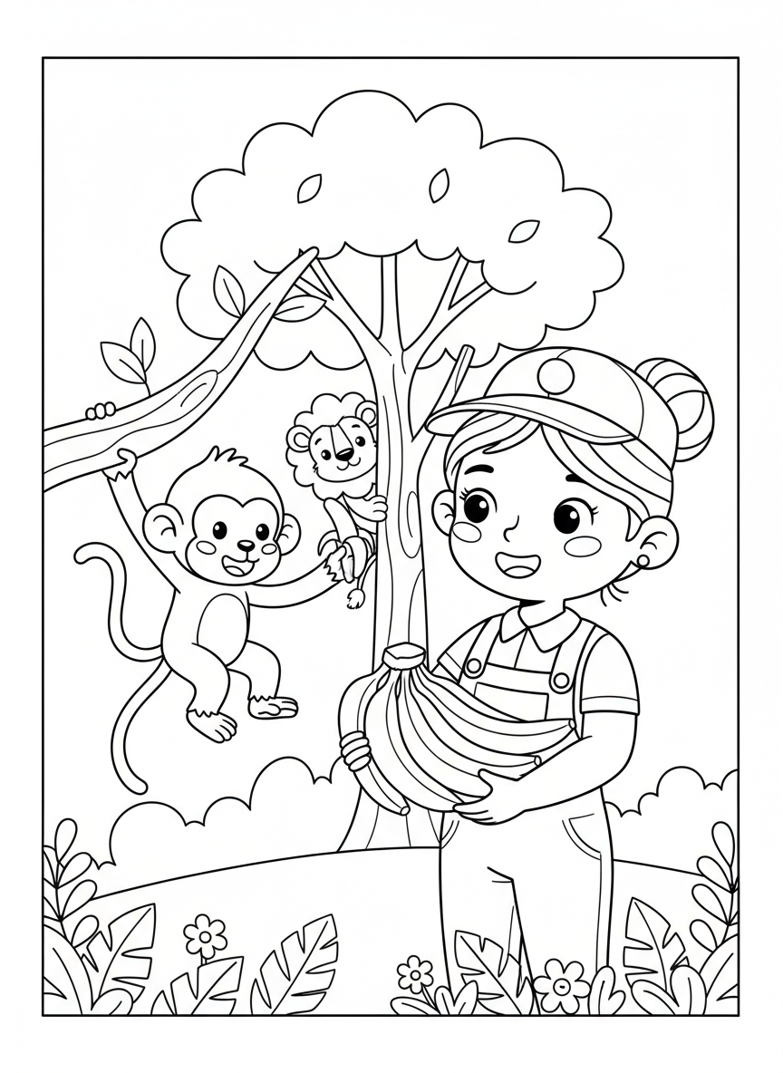 Friendly Zookeeper and Playful Monkey Coloring Page