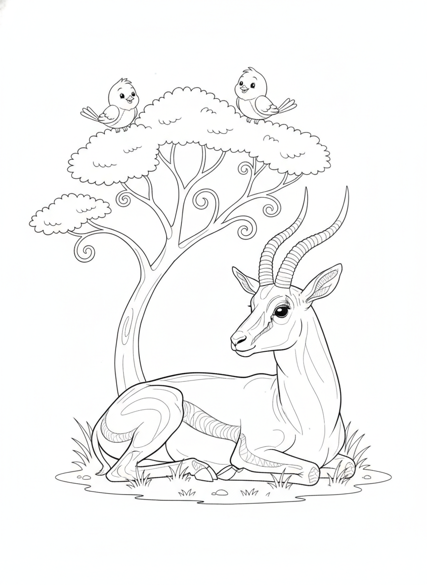 Gentle Gazelle Resting: Kids' Coloring Page with Acacia Tree & Birds