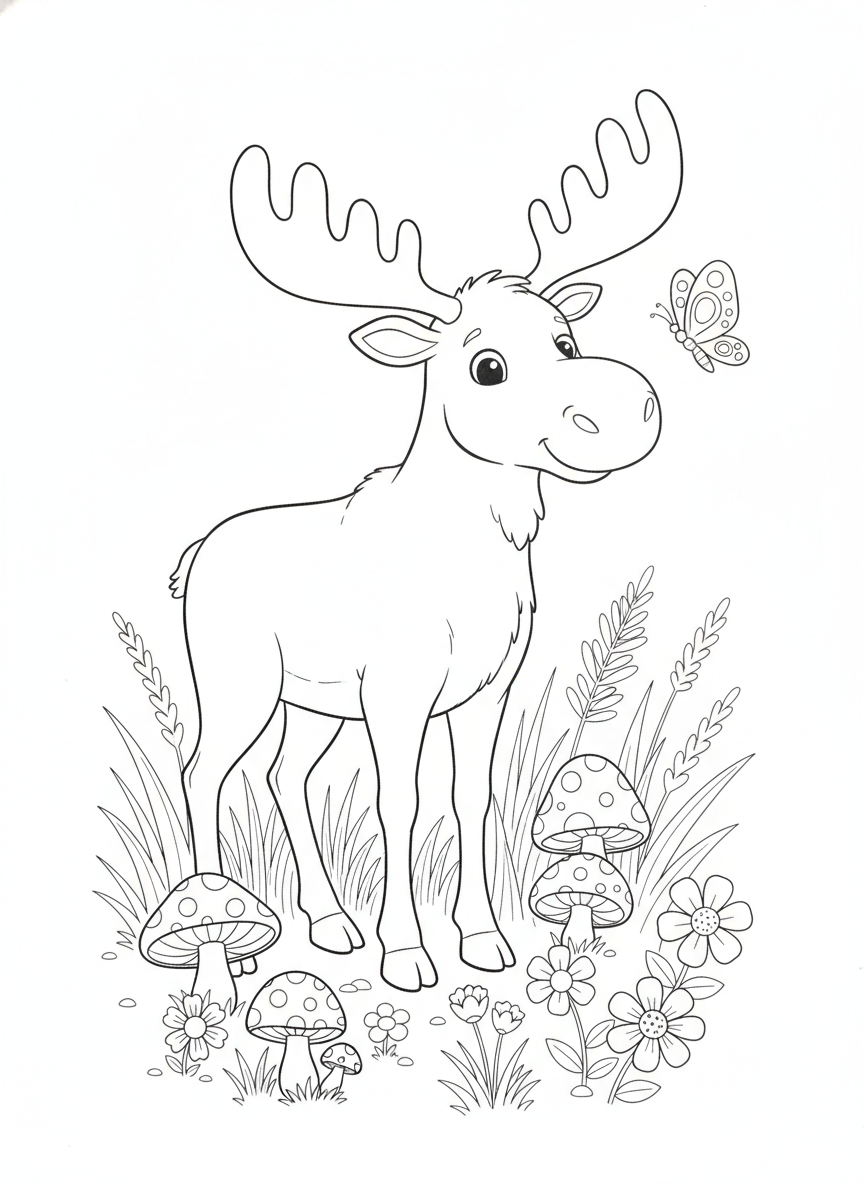 Gentle Moose in Sunny Forest Clearing Coloring Page for Kids