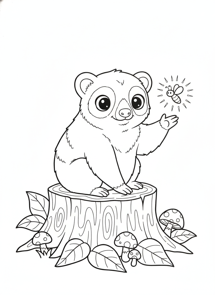 Gentle Slow Loris & Firefly: Kids' Enchanting Forest Coloring Page