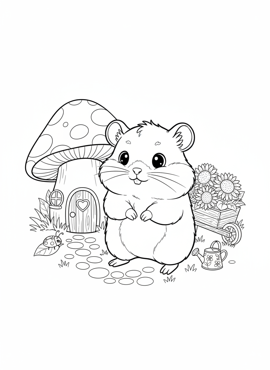 Hamster's Whimsical Backyard Adventure Coloring Page