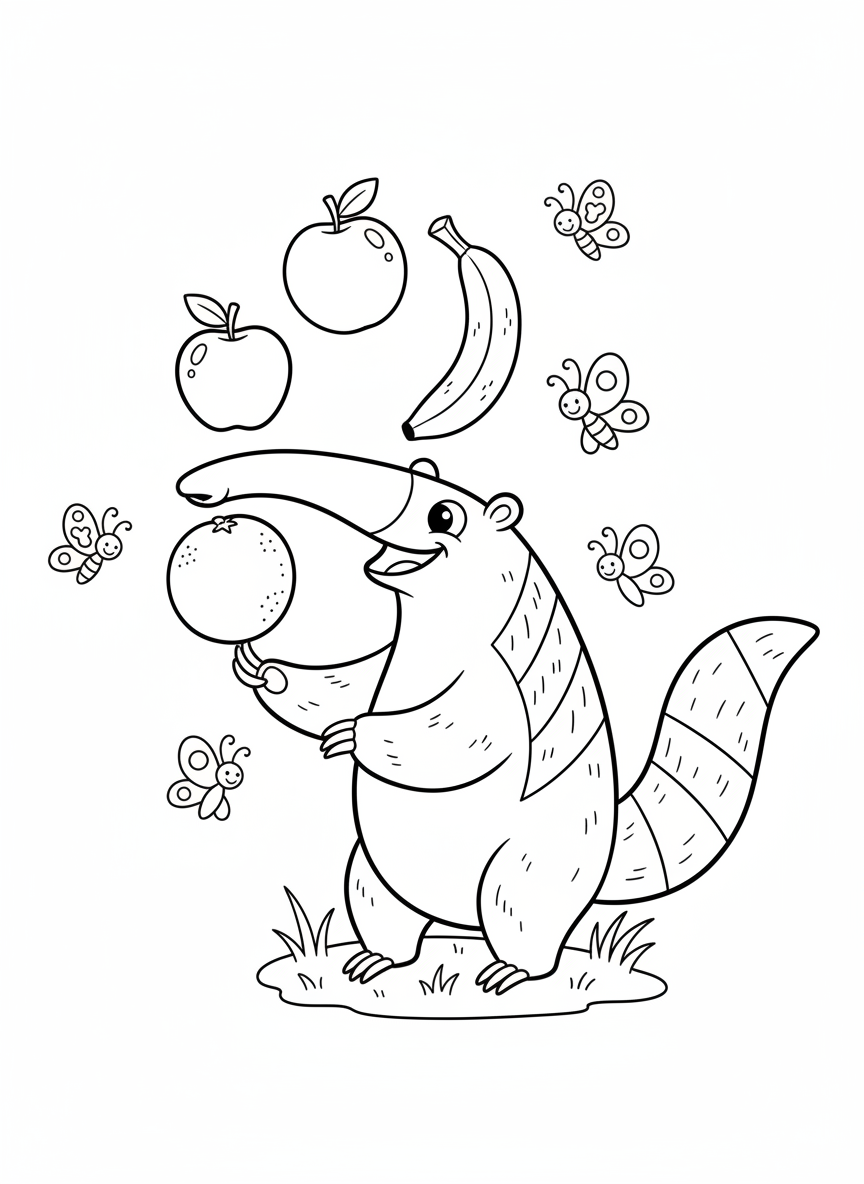 Happy Anteater Juggling Fruits Coloring Page for Kids