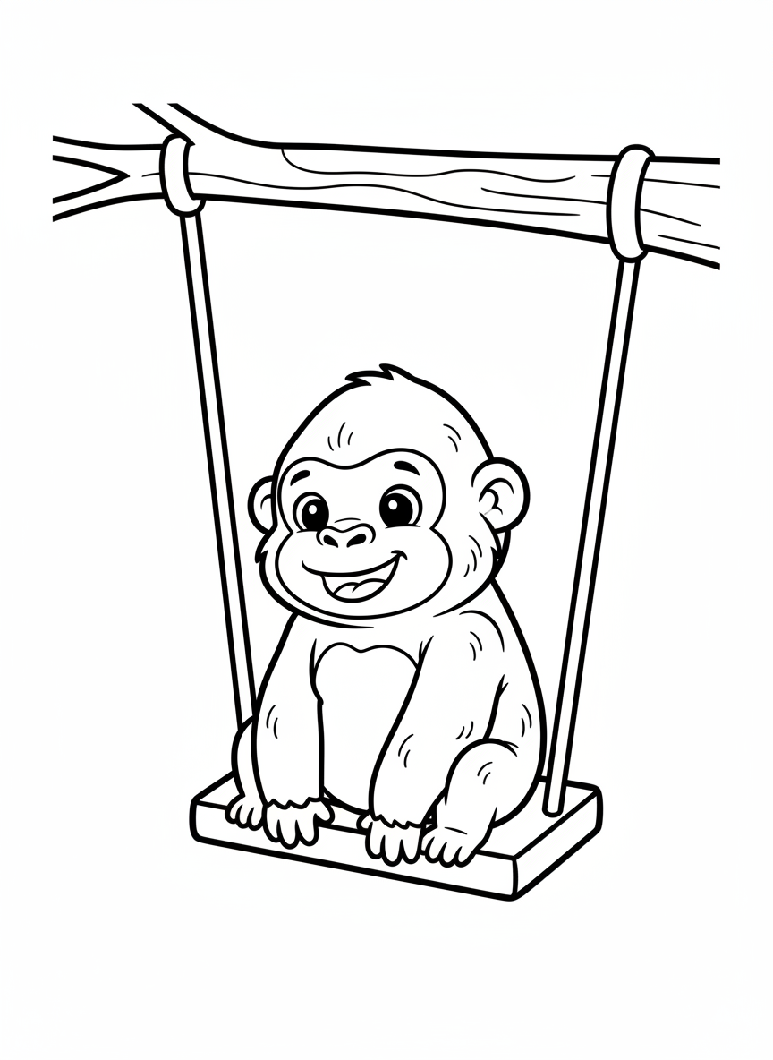 Happy Baby Gorilla on a Swing - Easy Kids Coloring Page