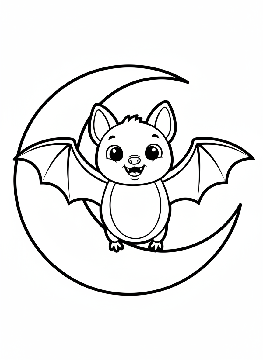 Happy Bat & Crescent Moon Coloring Page for Kids