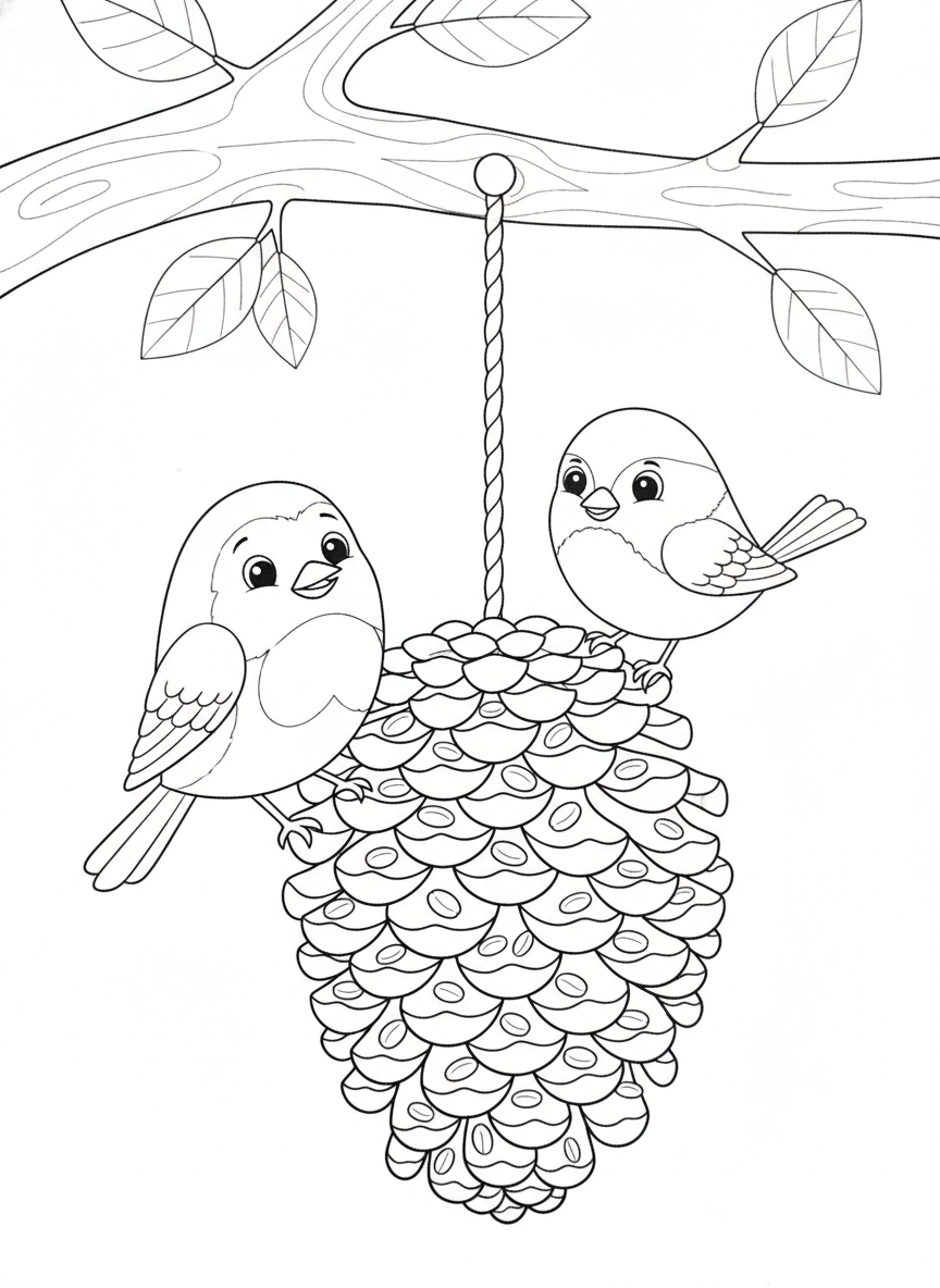 Happy Birds on Pinecone Feeder Coloring Page for Kids