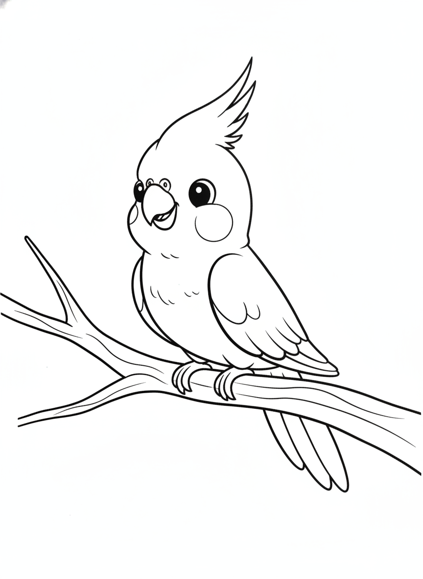 Happy Cartoon Cockatiel Coloring Page for Kids