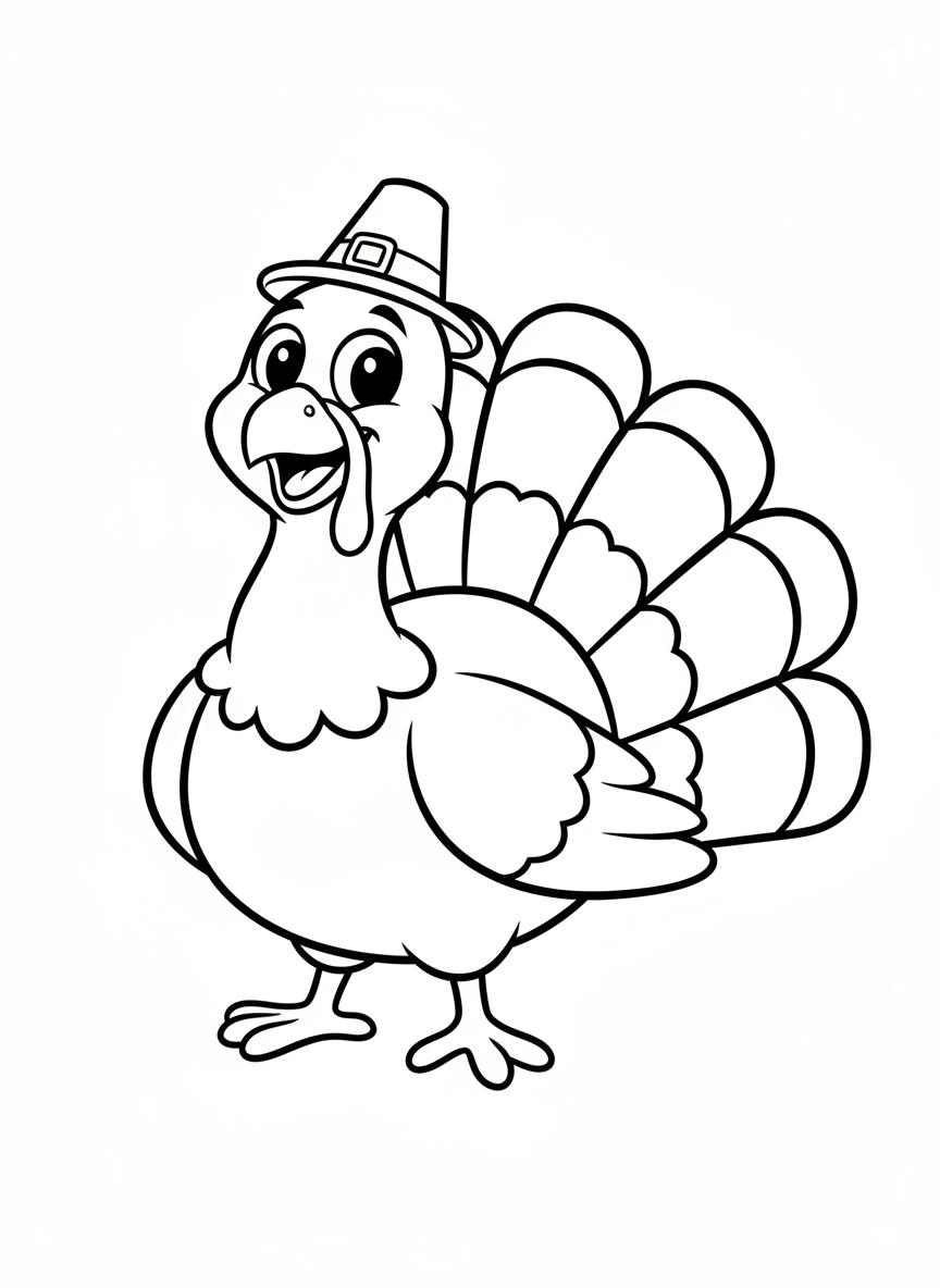 Happy Cartoon Turkey Coloring Page for Kids 3-5
