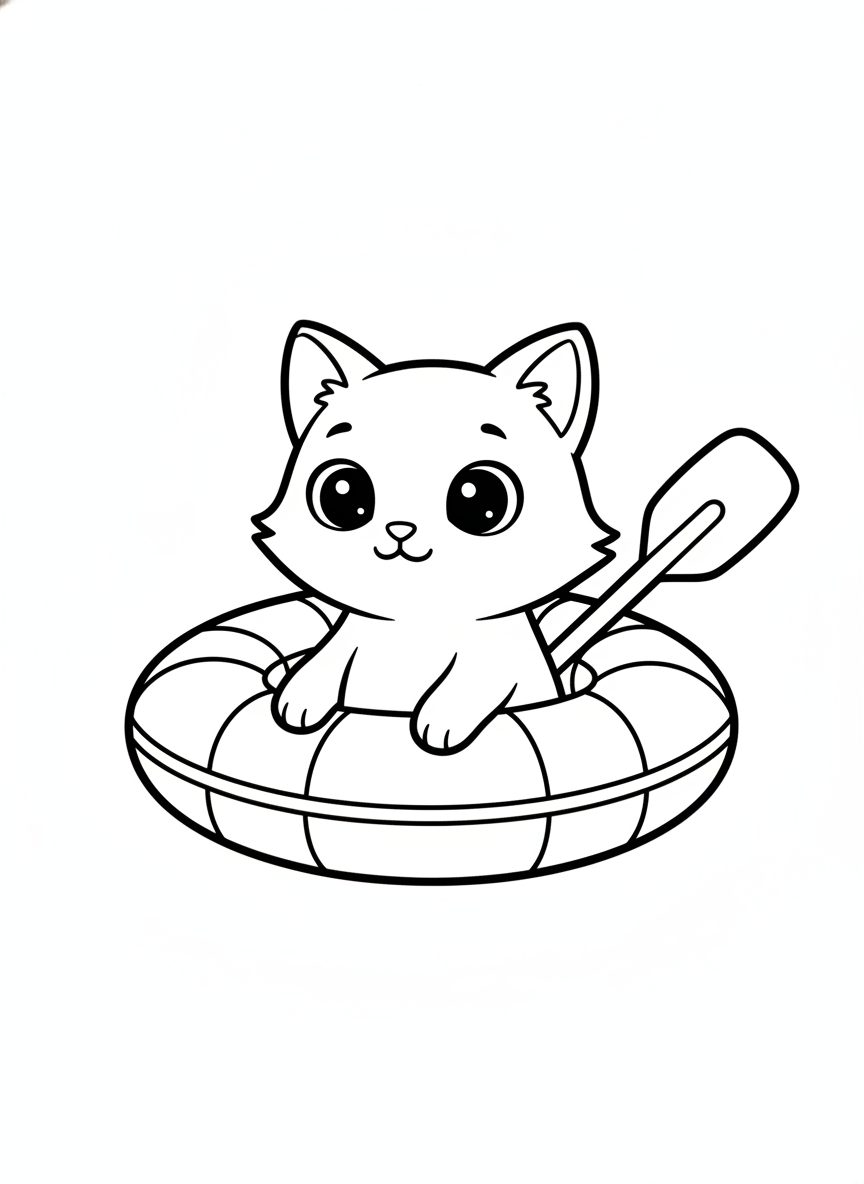 Happy Cat on Life Raft Coloring Page for Kids