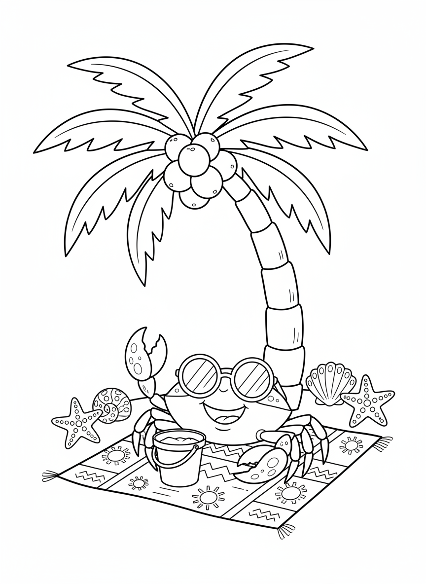Happy Crab Beach Adventure Coloring Page