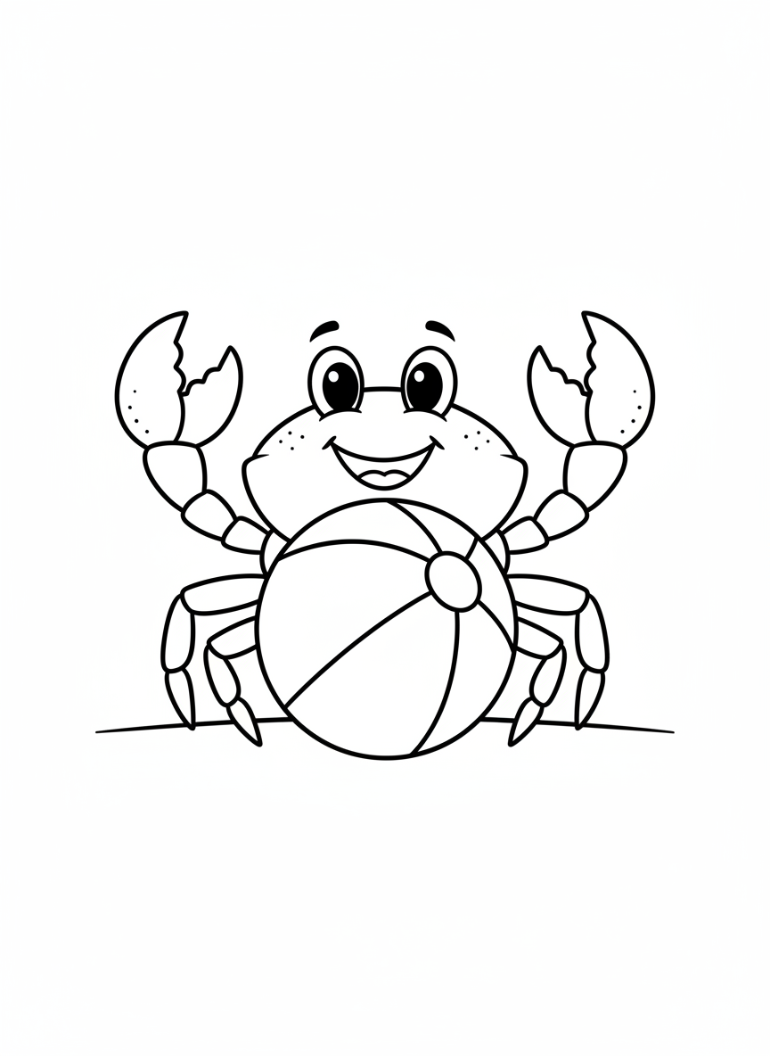 Happy Crab with Beach Ball Coloring Page