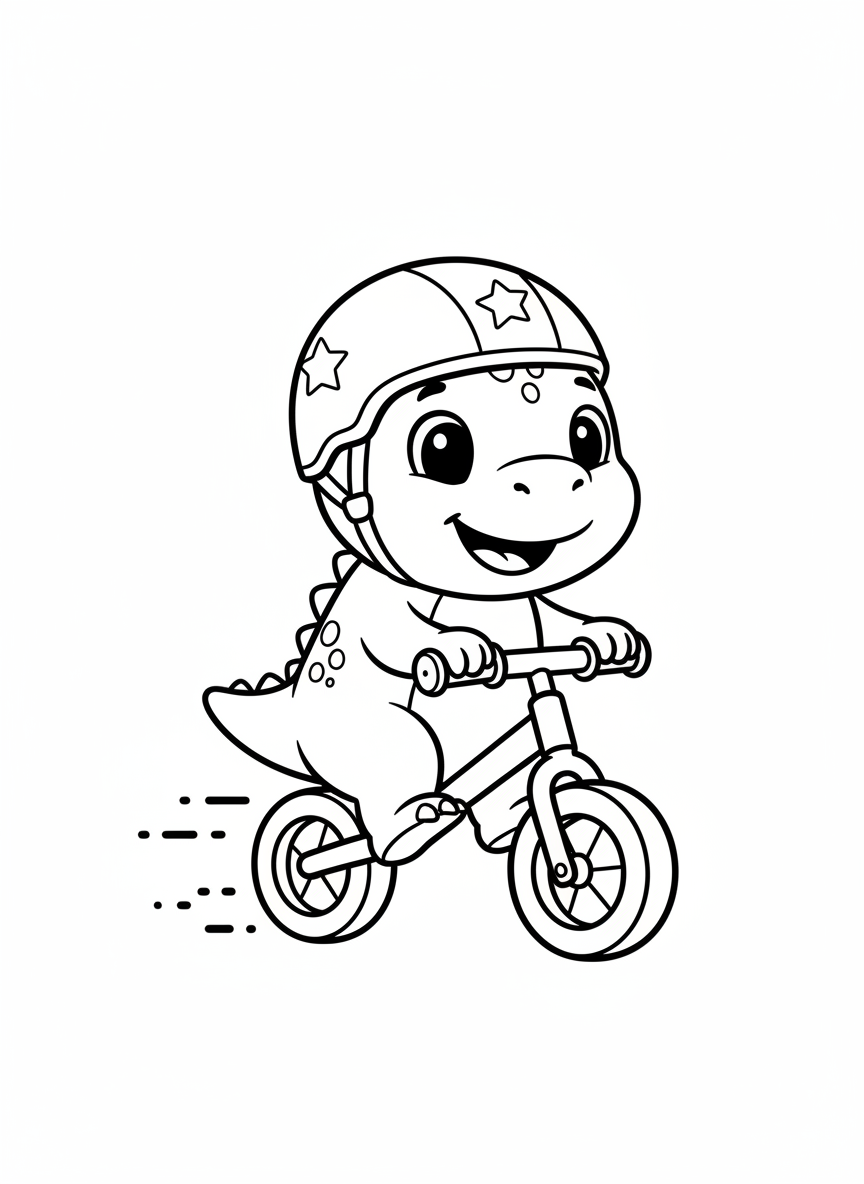 Happy Dino Learning to Bike Coloring Page