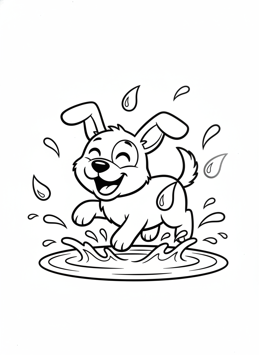 Happy Dog Splashing in Puddle Coloring Page
