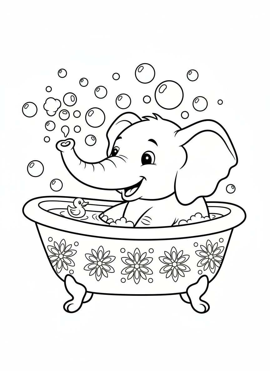 Happy Elephant Bubble Bath Coloring Page