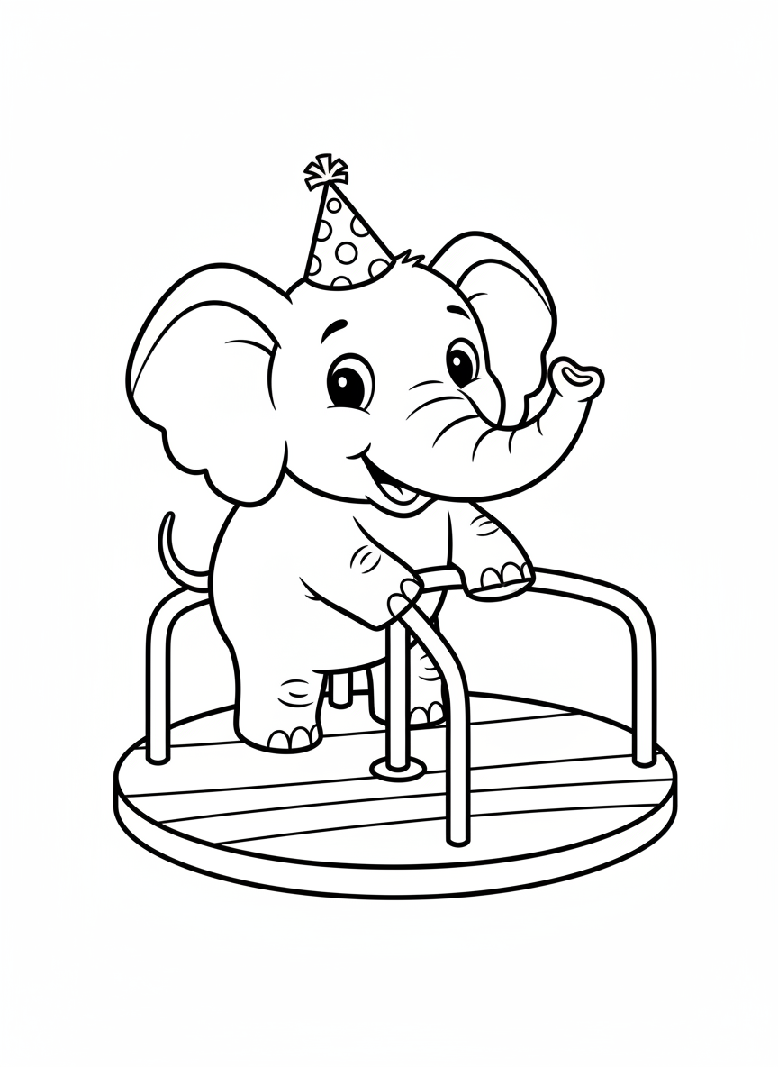Happy Elephant on Merry-Go-Round Coloring Page