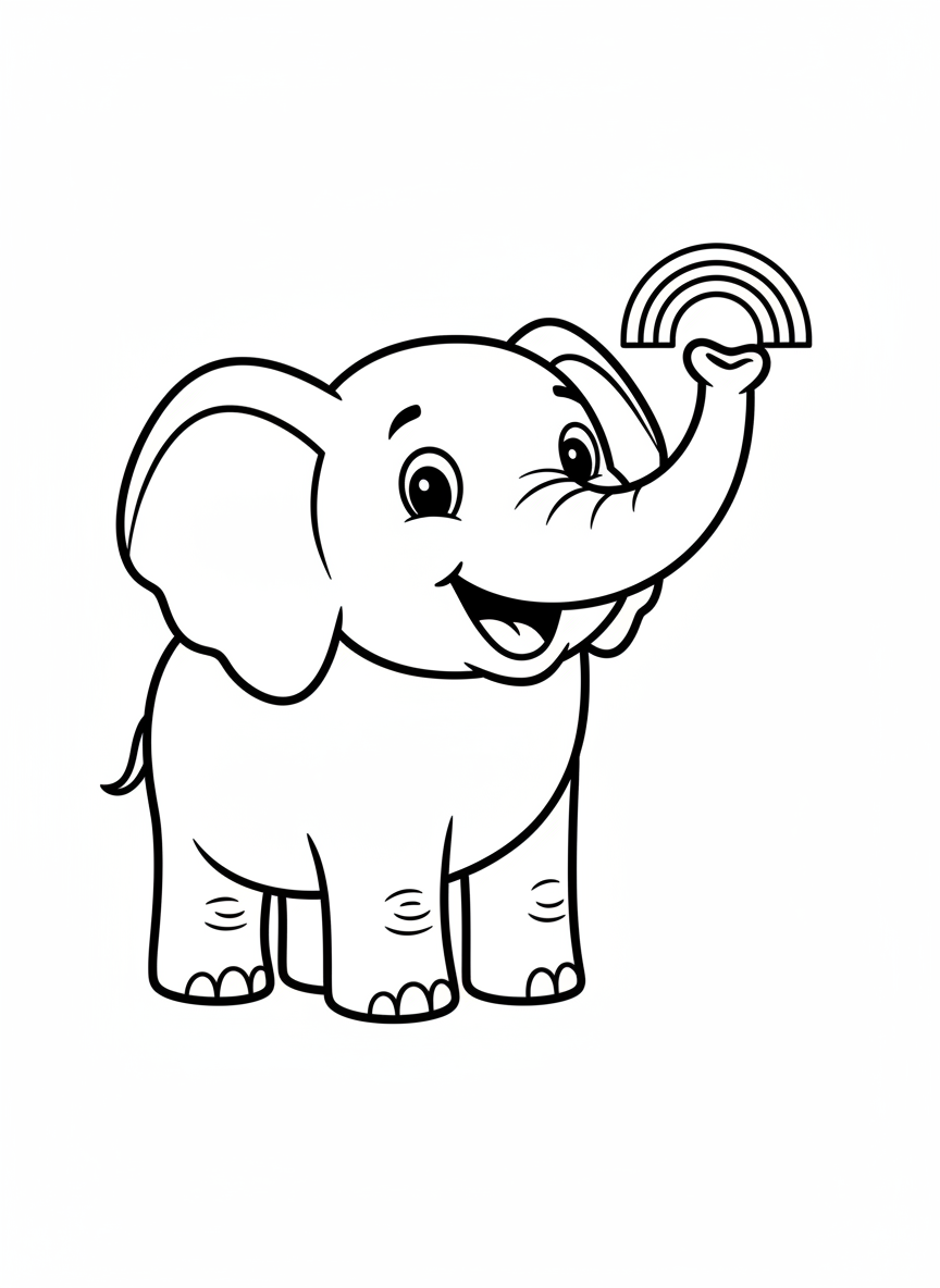 Happy Elephant with Rainbow Coloring Page