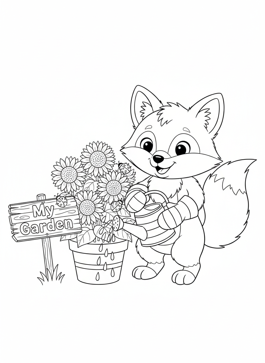 Happy Fox Gardener: Sunflowers Coloring Page