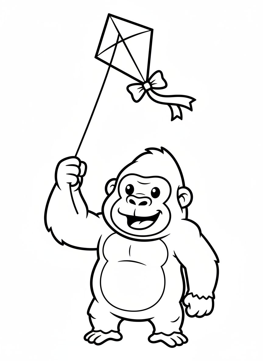 Happy Gorilla Flying Kite Coloring Page