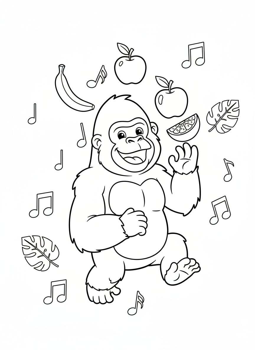 Happy Gorilla Juggling Fruits Coloring Page