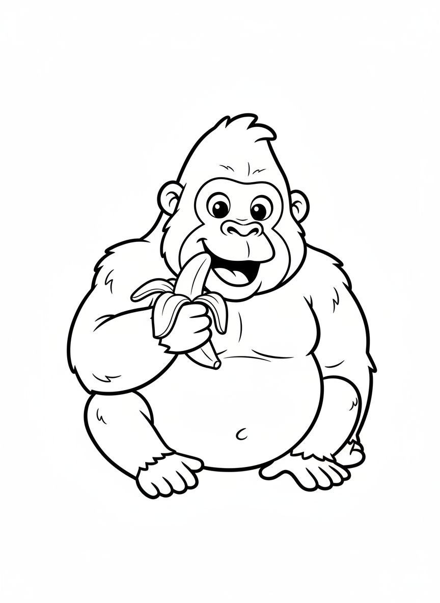 Happy Gorilla with Banana Coloring Page for Kids